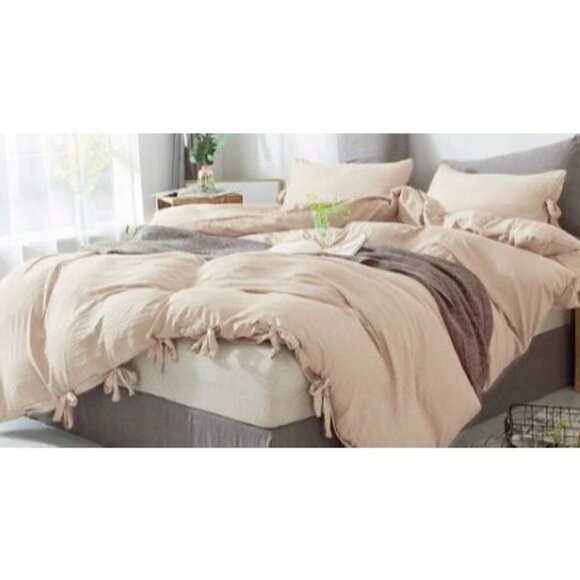 KHAKI Duvet Cover Queen Size NWT Soft Comforter Cover with Boho Bowknot Bow Tie - Picture 3 of 7